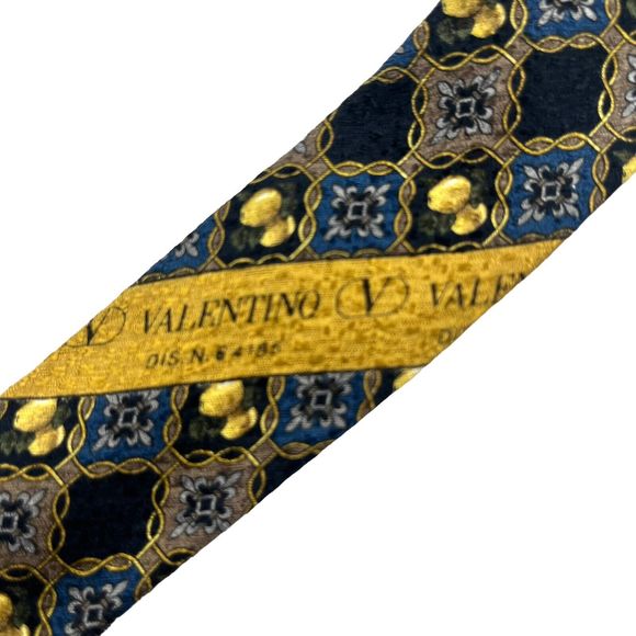 Valentino Cravatte Vintage Men’s Sil Tie Italy Blue Gold Geometric Pattern - Picture 4 of 10
